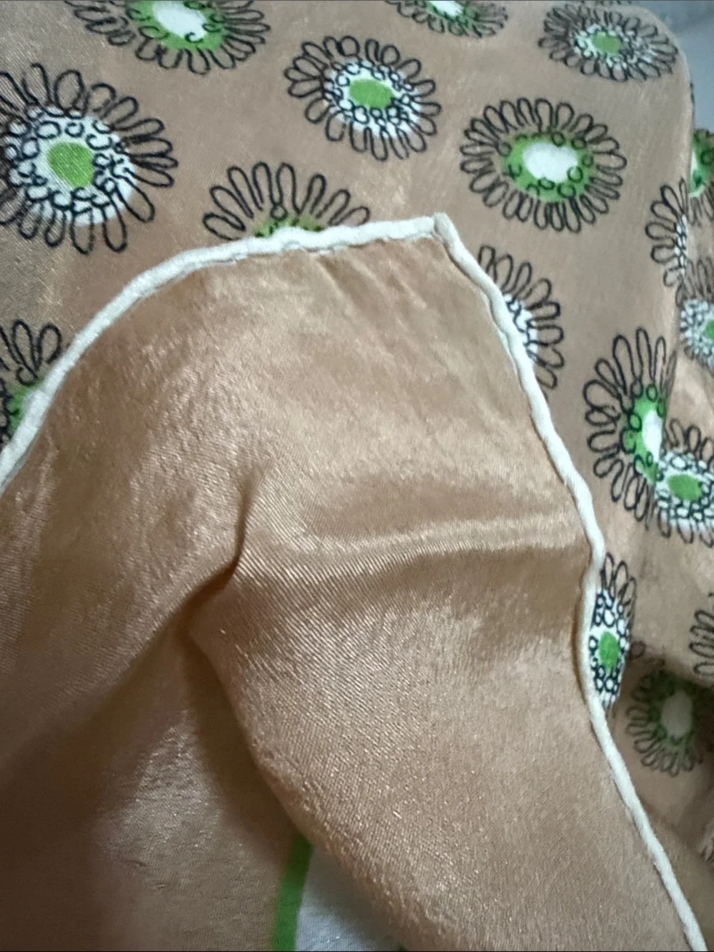 VTG Delicate Glentex 100% Silk Scarf Hand Rolled Japan Daisy Geo Tan Green 50’s